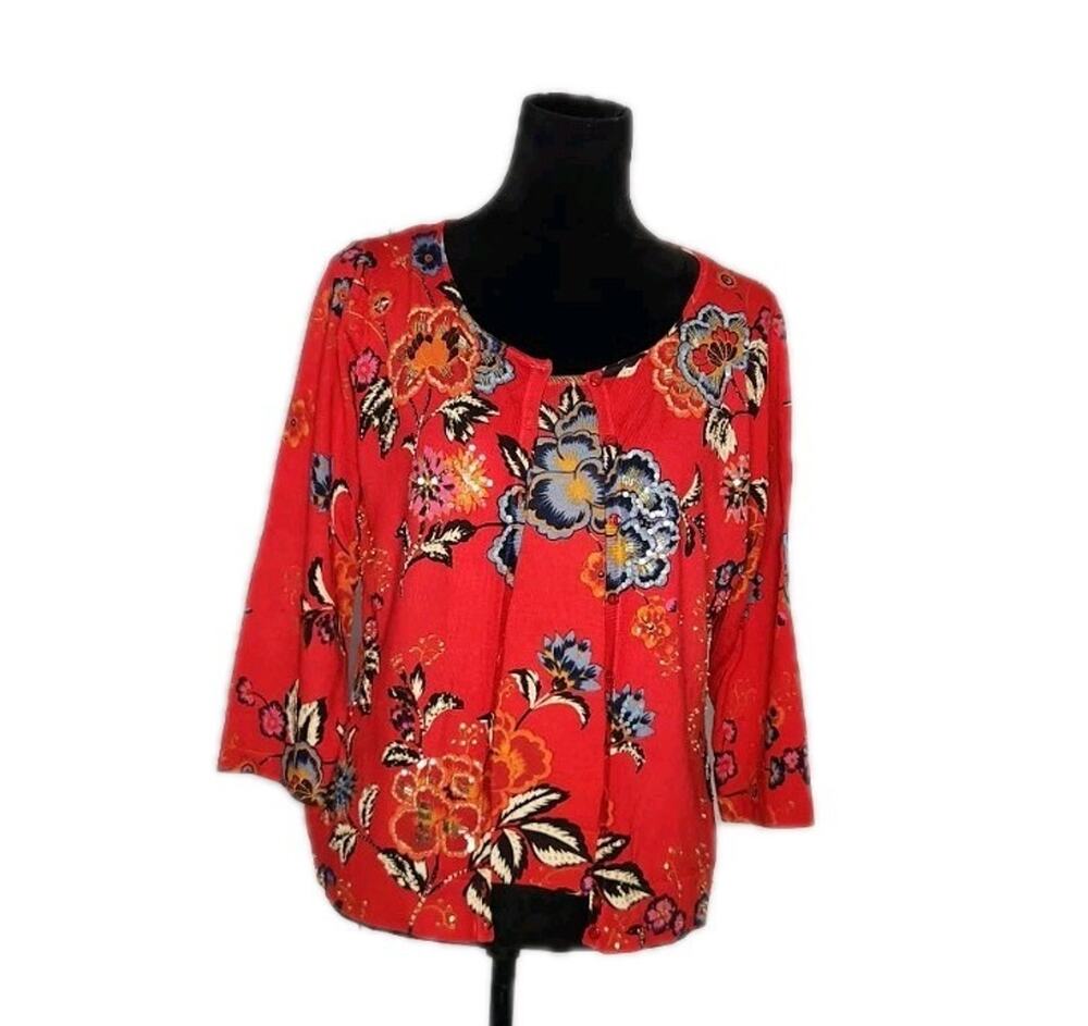 August Silk Knits Red Beaded Sequin Foral tank & Cardigan set Silk Blend Size L